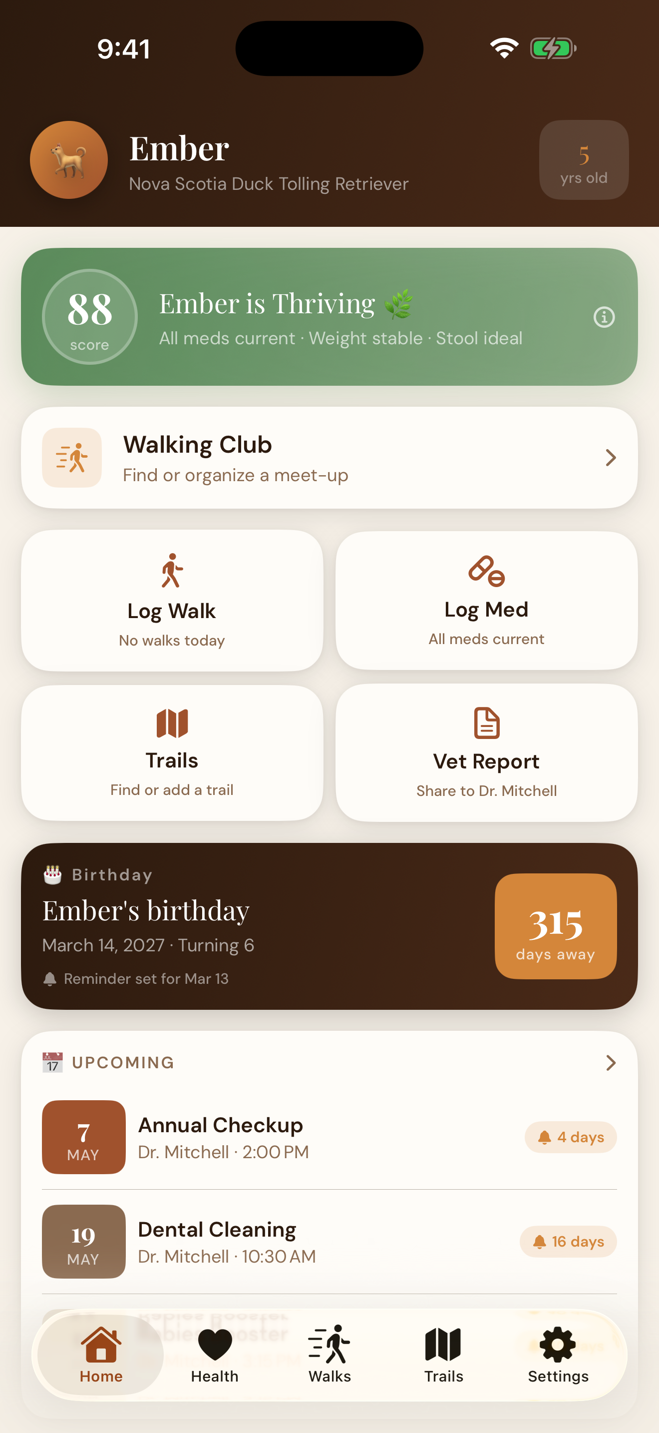 EmberPaws Dashboard — showing Ember Score 88 (Thriving), Walking Club card, Quick Actions for Log Walk, Log Med, Trails, and Vet Report, plus Birthday Countdown and Upcoming Appointments
