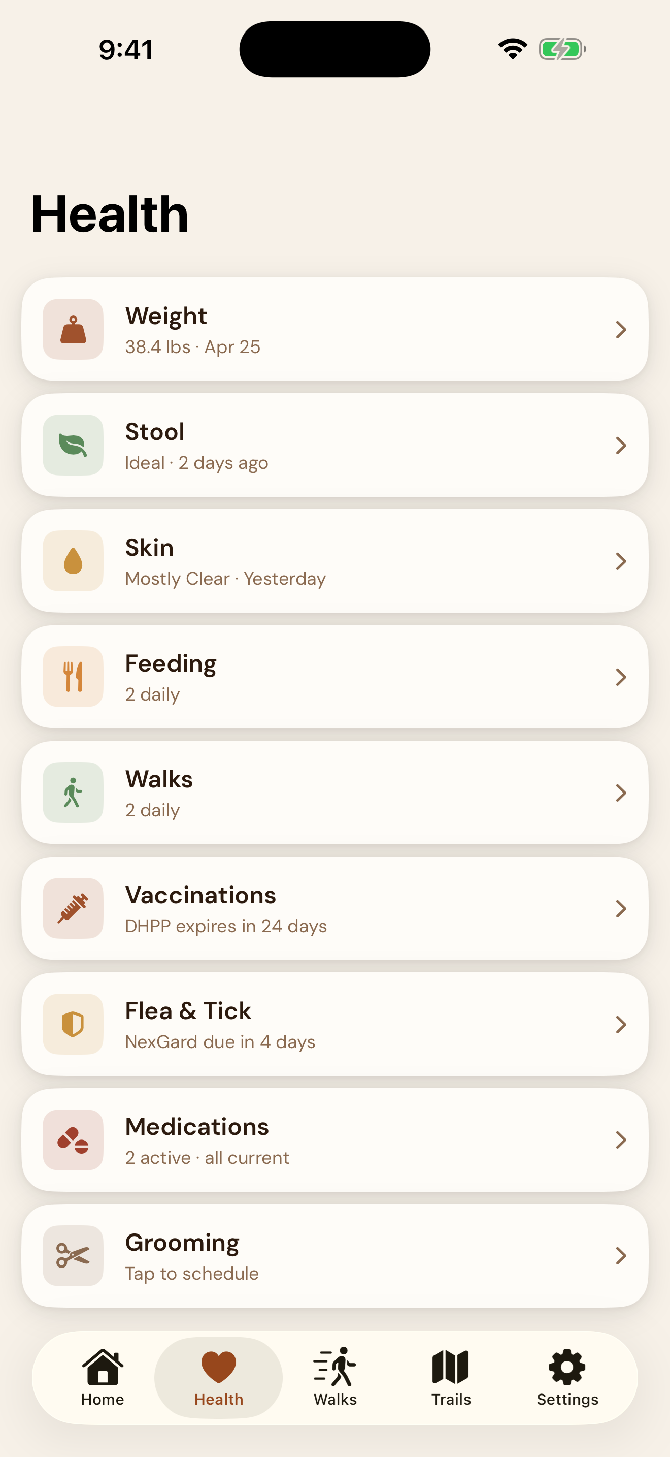 EmberPaws Health Hub — showing every health category in one list: Weight, Stool, Skin, Feeding, Walks, Vaccinations, Flea and Tick, Medications, and Grooming