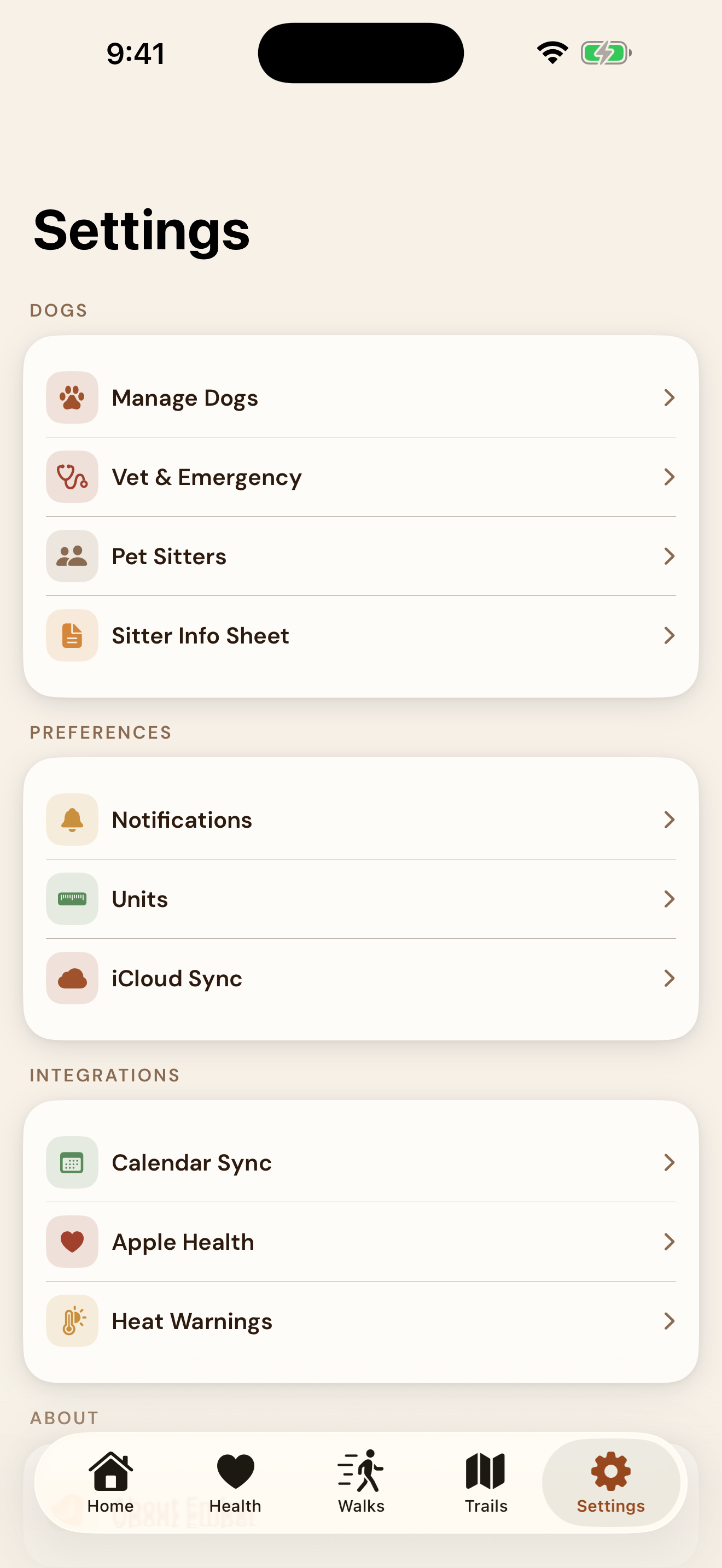 EmberPaws Settings — sectioned into Dogs (Manage Dogs, Vet and Emergency, Pet Sitters, Sitter Info Sheet), Preferences (Notifications, Units, iCloud Sync), and Integrations (Calendar Sync, Apple Health, Heat Warnings)