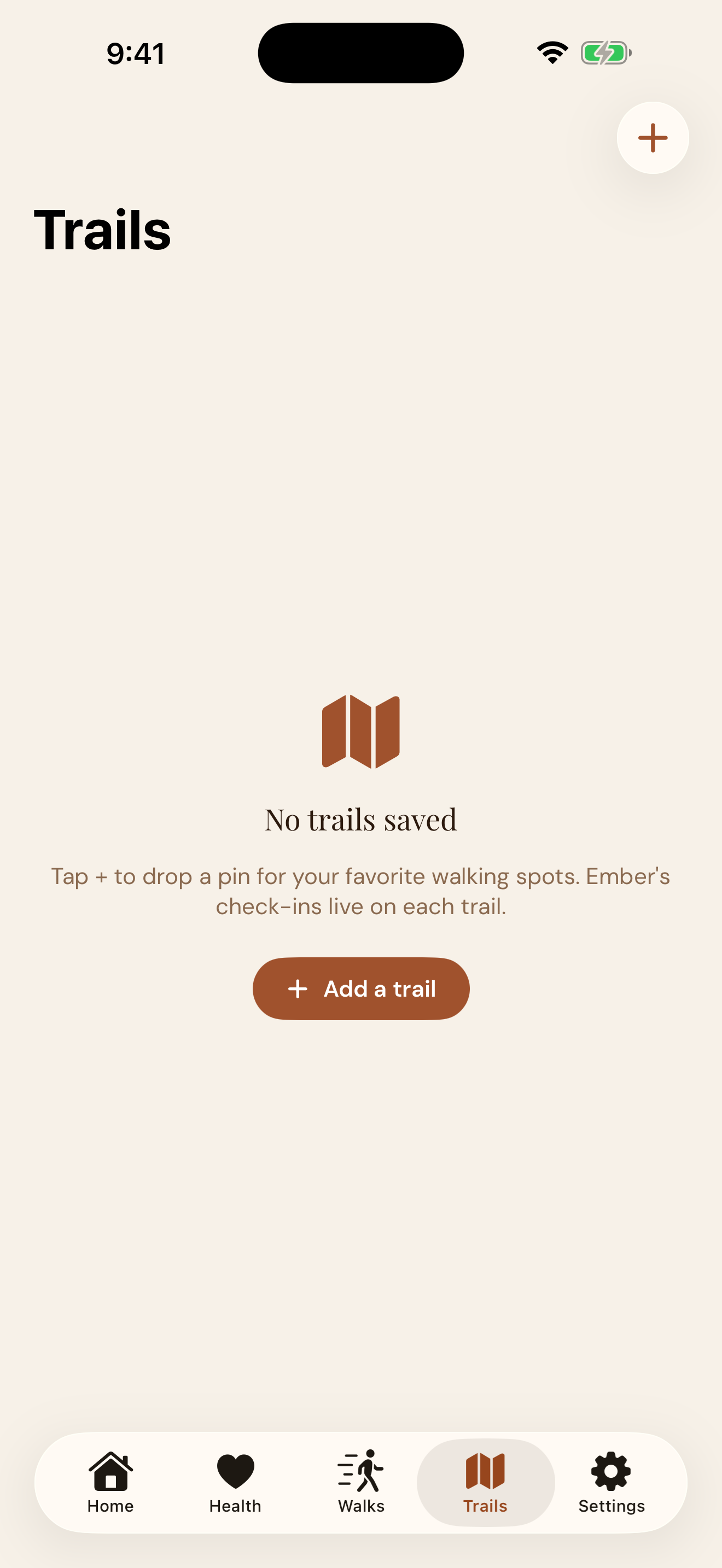 EmberPaws Trails — drop pins for the trails you walk together; check-ins build up trail badges over time