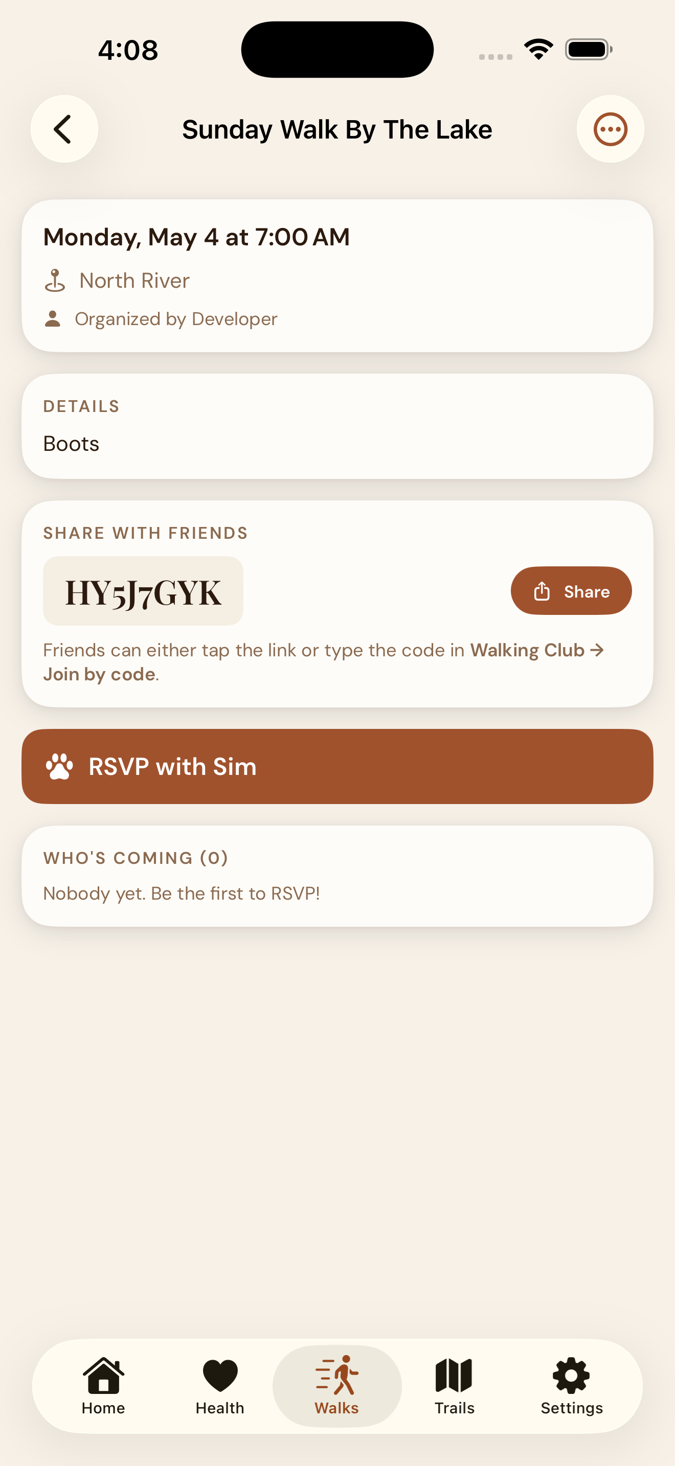 EmberPaws on phone A — walk event detail screen with date, location, the share code, and a Share button. The organizer is about to send the invite link via iMessage.